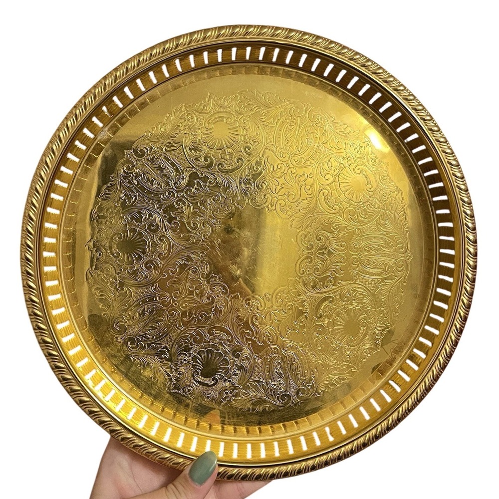 Vintage Scandia 24K Gold-Plated Tray Dish Plate Etched‎ Floral Design Sweden 10"